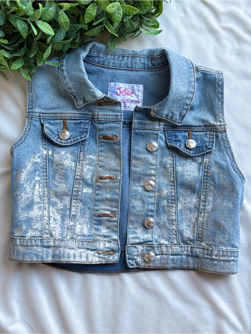 Justice Light Blue Denim Vest with Metallic Silver Wash